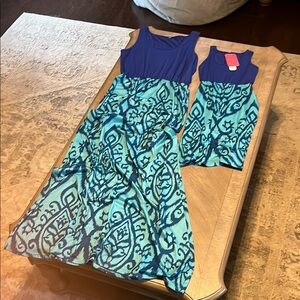 Mommy and Me Blue and Teal Patterned Kids Maxi Dresses